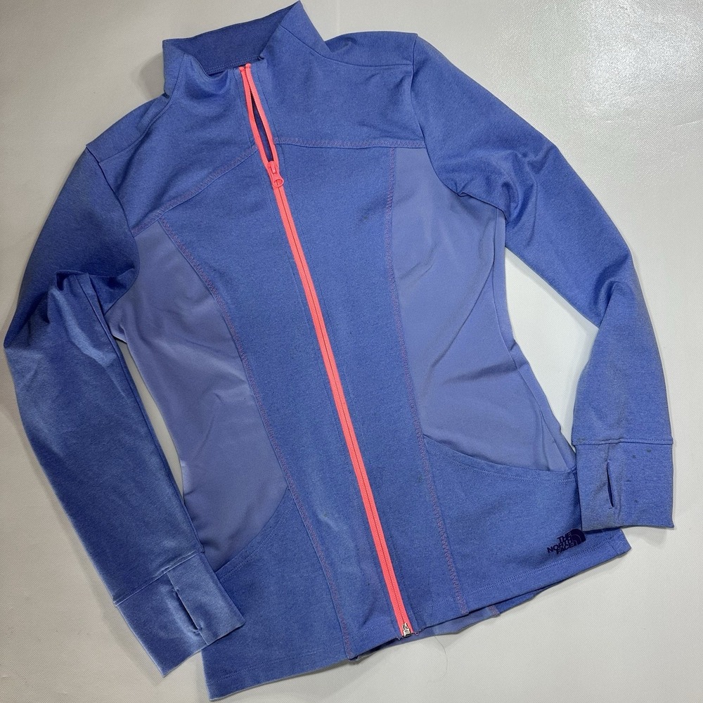 The North Face Women's S Full Zip Fleece Jacket Blue Pink Thumb Holes Activewear
